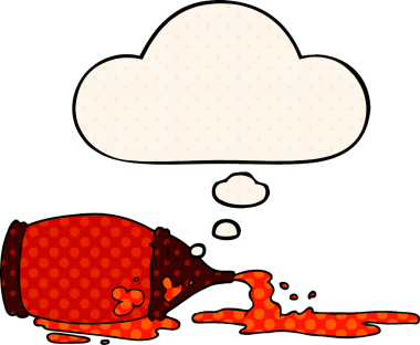 Çizgi roman tarzında bir insan tarafından çizilmiş düşünce baloncuklu ketçap şişesi döküldü.