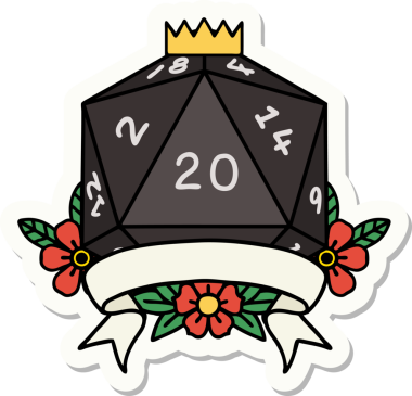 Bir insan tarafından çizilmiş 20 kritik vuruşluk D20 zar etiketi.