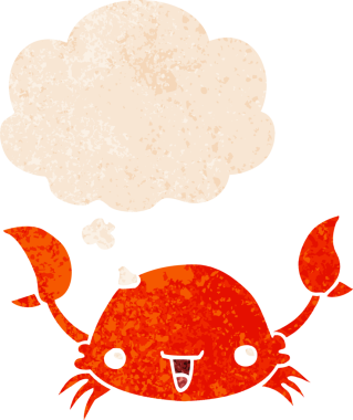 Düşünce baloncuklu çizgi film yengeci grunge dertli retro desenli bir insan tarafından çizilmiş