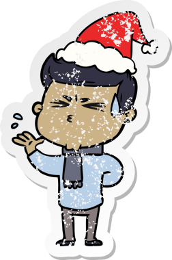 Bir insanın çizdiği Noel Baba şapkasıyla terleyen bir adamın el çizimi karikatürü.