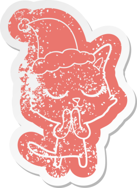 Sakin çizgi film Noel Baba şapkası takan bir kedinin insan tarafından çizilmiş sıkıntılı çıkartması.