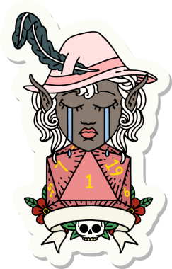 Ağlayan bir elf şair karakterinin çıkartması. Bir insan tarafından çizilmiş doğal bir D20 rulosu.