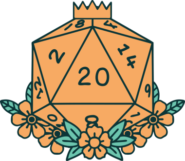 Retro Dövme Biçimi Doğal 20 D20 zar bir insan tarafından çizilmiş çiçek elementleriyle