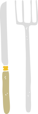 Bir insan tarafından çizilmiş çatal ve bıçağın düz renk çizimi