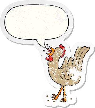 Çizgi film horoz ötüşü konuşma baloncuğu bir insan tarafından çizilmiş sıkıntılı eski bir çıkartma