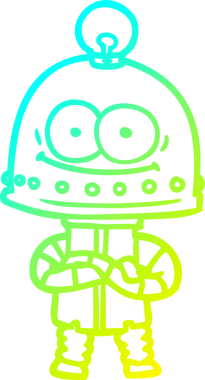 Bir insan tarafından çizilmiş ampullü mutlu bir robot çizimi.