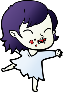 Bir insan tarafından çizilmiş yanağında kan olan vampir kız çizgi filmi.