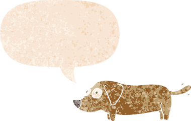 Bir insan tarafından çizilmiş grunge dertli retro tarzı konuşma baloncuğu ile çizgi film köpeği