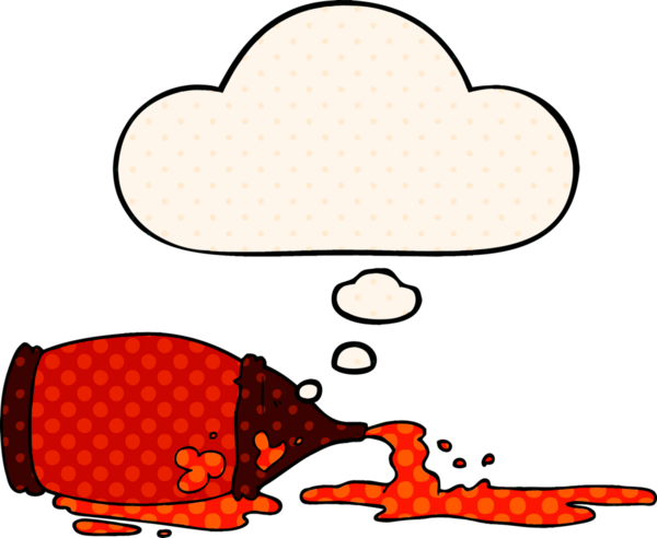 Çizgi roman tarzında bir insan tarafından çizilmiş düşünce baloncuklu ketçap şişesi döküldü.