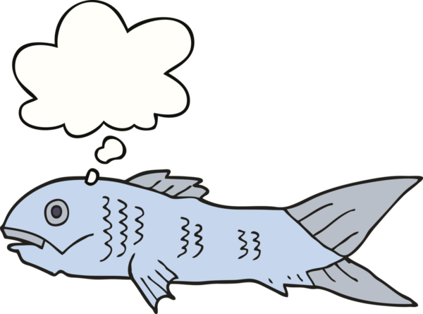 Bir insan tarafından çizilmiş düşünce baloncuklu çizgi film balığı.