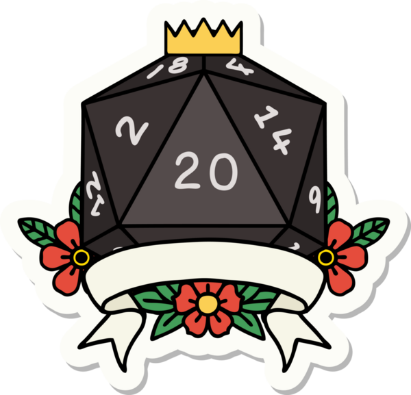 Bir insan tarafından çizilmiş 20 kritik vuruşluk D20 zar etiketi.