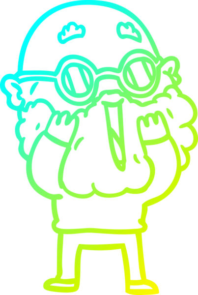 Bir insan tarafından çizilmiş sakallı bir çizgi film karakteri.