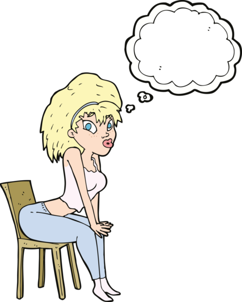 Bir insan tarafından çizilmiş düşünce balonuyla sandalyede poz veren karikatür kadın.