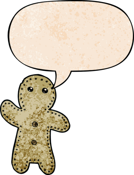 Bir insan tarafından çizilmiş eski moda konuşma balonlu zencefilli kurabiye adam.