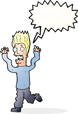 Bir insan tarafından çizilmiş, konuşma balonuyla dehşete düşmüş bir adam.