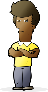 Bir insan tarafından çizilmiş kolları katlanmış çizgi film adamı.