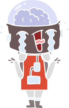 Düz renkli çizgi film ağlayan robot omuz silkiyor bir insan tarafından çizilmiş kafa karışıklığında.