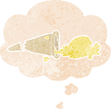 Düşünce baloncuklu çizgi film bir insan tarafından çizilmiş dertli retro desenli grunge şeklinde dondurma düşürdü