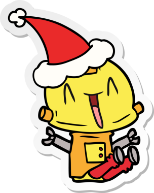 Bir insan tarafından çizilmiş Noel Baba şapkası giyen bir robotun el çizimi karikatürü.