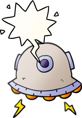 bir insan tarafından çizilmiş, konuşma baloncuklu çizgi film UFO 'su