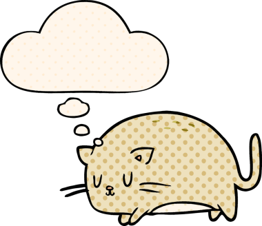 Çizgi roman tarzında bir insan tarafından çizilmiş düşünce baloncuğu olan sevimli çizgi film kedisi.