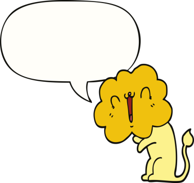 Bir insan tarafından çizilmiş konuşma balonu olan sevimli çizgi film aslanı.