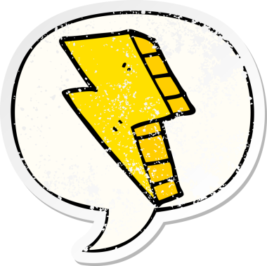 Karikatür yıldırımı ve konuşma baloncuğu bir insan tarafından çizilmiş sıkıntılı eski bir çıkartma