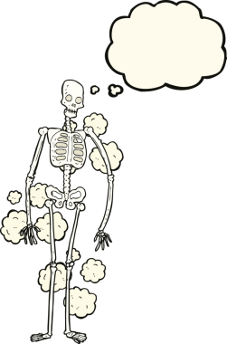 Bir insan tarafından çizilmiş düşünce baloncuğu olan tozlu eski bir iskelet.