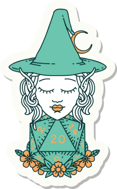 Bir insan tarafından çizilmiş doğal yirmi zarlı elf büyücü karakterinin çıkartması.