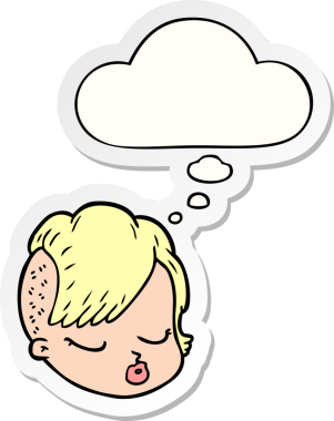 Düşünce baloncuklu karikatür kadın yüzü bir insan tarafından çizilmiş çıkartma gibi.