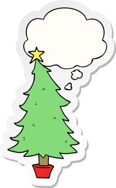 Düşünce baloncuğu insan tarafından çizilmiş bir çıkartma olan karikatür Noel ağacı.