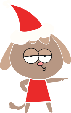 Bir insan tarafından çizilmiş Noel Baba şapkası takan sıkılmış bir köpeğin düz renkli çizimi.