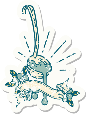 Bir insan tarafından çizilmiş et sosu dövmesi stili eski bir etiket.