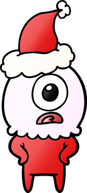 Bir insan tarafından çizilmiş Noel Baba şapkası giyen bir Tepegöz 'ün el çizimi çizgi filmi.