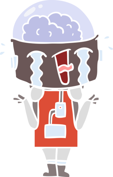 Düz renkli çizgi film ağlayan robot omuz silkiyor bir insan tarafından çizilmiş kafa karışıklığında.