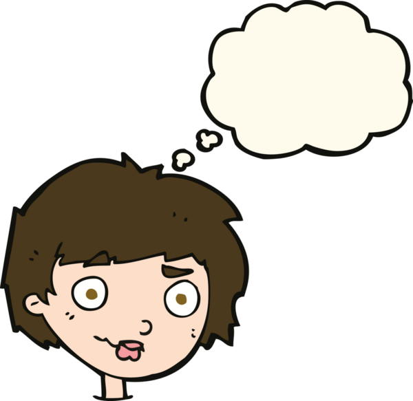 Bir insan tarafından çizilmiş düşünce baloncuğu olan kafası karışık bir kadın çizgi filmi.