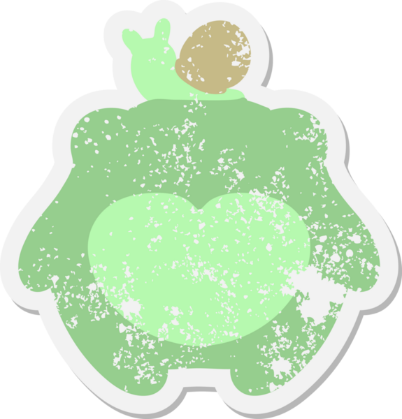 Kafasında salyangoz olan bir kurbağa. Bir insan tarafından çizilmiş grunge etiketi.