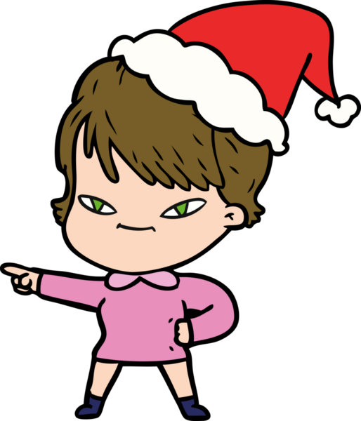 Bir insan tarafından çizilmiş Noel Baba şapkası giyen mutlu bir kadının el çizimi.