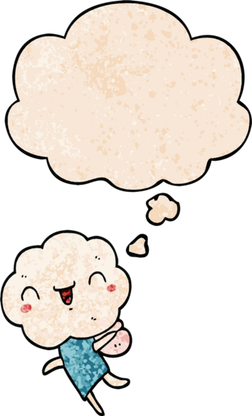 Bir insan tarafından çizilmiş grunge desenli düşünce baloncuğu olan sevimli çizgi film başı yaratığı.