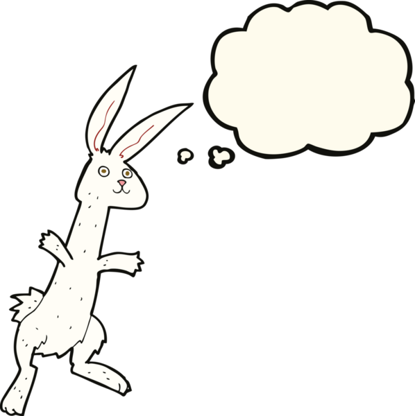 Bir insan tarafından çizilmiş düşünce kabarcığı olan çizgi film tavşanı.
