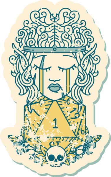 Retro Dövme Tarzı Ağlayan Elf Barbar Karakteri Bir insan tarafından çizilmiş doğal bir D20 rulosu