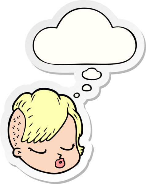 Düşünce baloncuklu karikatür kadın yüzü bir insan tarafından çizilmiş çıkartma gibi.