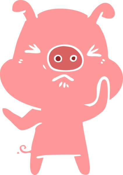 Bir insan tarafından çizilmiş düz renkli çizgi film kızgın domuz.