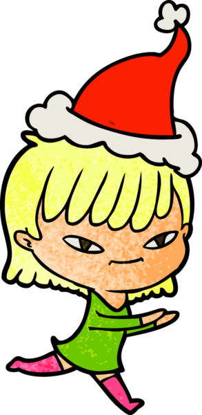 Bir insan tarafından çizilmiş Noel Baba şapkası giyen bir kadının el çizimi karikatürü.