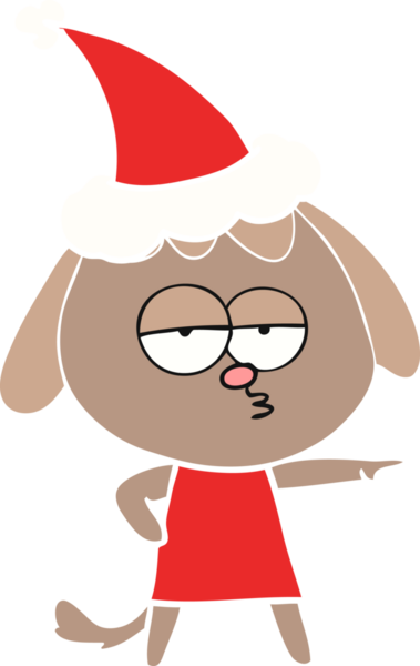 Bir insan tarafından çizilmiş Noel Baba şapkası takan sıkılmış bir köpeğin düz renkli çizimi.
