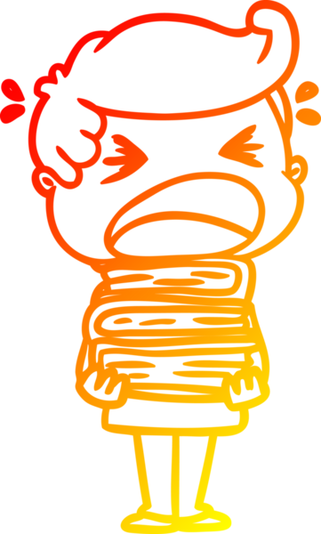 Bir insan tarafından çizilmiş kitap yığınıyla bağıran bir adamın çizgi film çizimi.