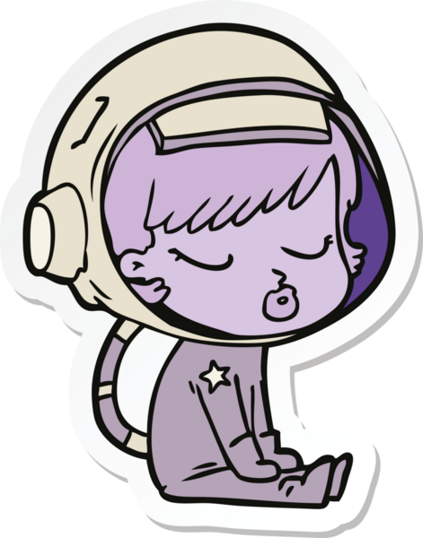 Çizgi film çıkartması. Güzel astronot kız. Bir insan tarafından çizilmiş bekliyor.