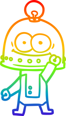 Gökkuşağı gradyan çizgisi mutlu bir karton robot çizimi ve bir insan tarafından çizilmiş ampul.