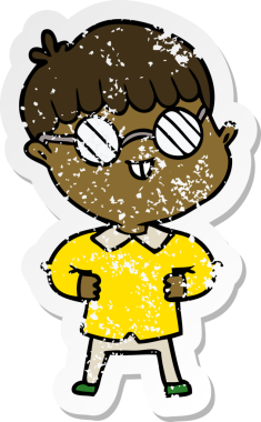 Bir insan tarafından çizilmiş gözlük takan çizgi film karakterinin sıkıntılı çıkartması.