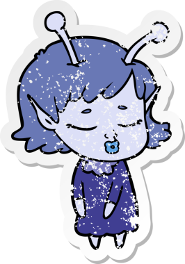 Bir insan tarafından çizilmiş sevimli bir uzaylı kız çizgi filminin sıkıntılı çıkartması.